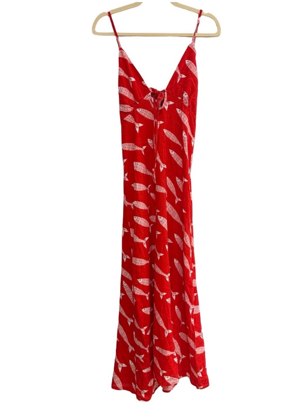 Paper Heart Red Linen Fish Print Maxi Dress
